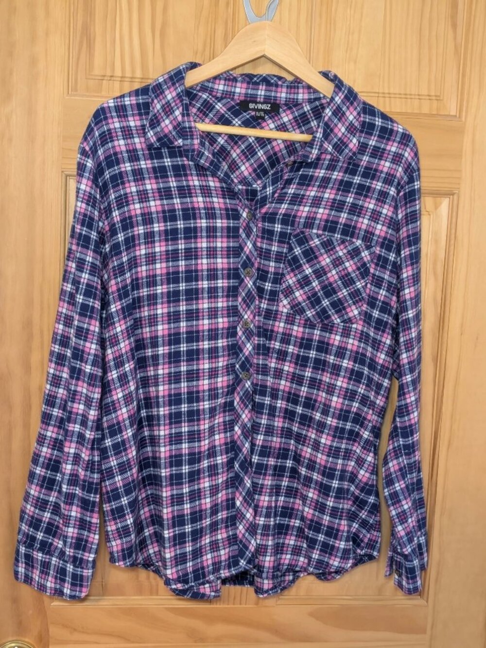 Givingz Womens Navy Pink Plaid Flannel Button Up Shirt XL